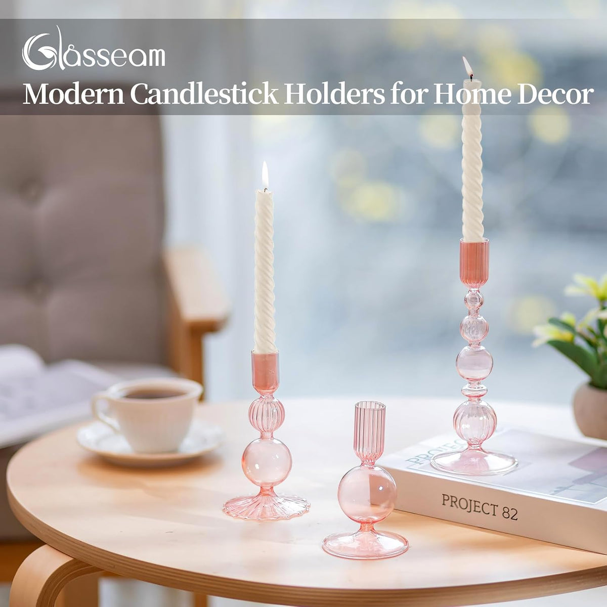 Glasseam Pink Glass Candlestick Holder: Unique Taper for Table Centerpiece