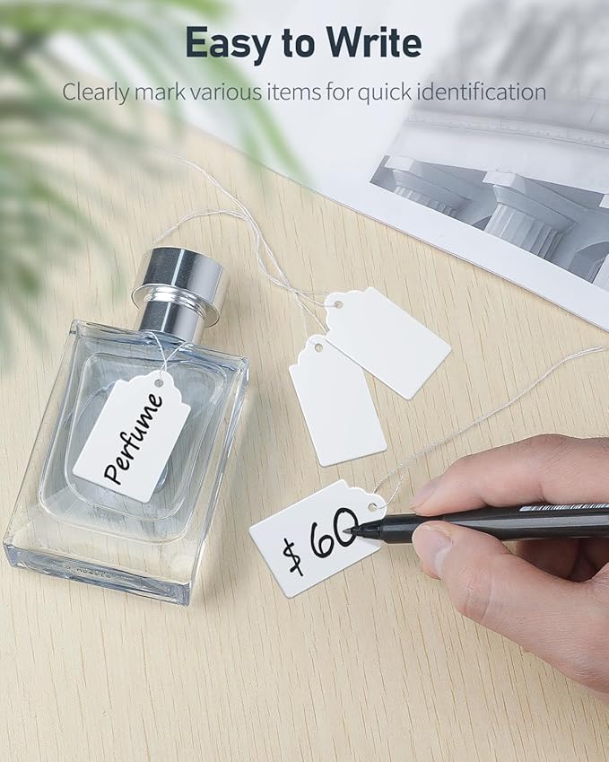 Uniclife 500 Pcs Writable Price Labels 1.8 Inch White Marking Tags with Strings, 1.8" x 1.05"