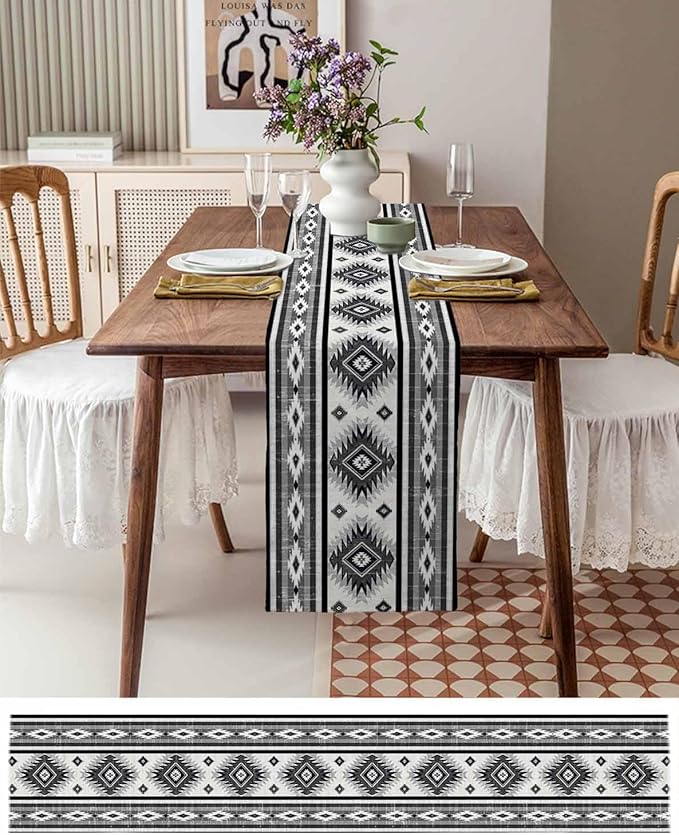 Aztec Southwest Cotton Linen Table Runner for Dining Kitchen, Wedding Outdoor Party Tablerunners Decoration, Boho Ethnic Tribes Vintage Grey Dresser Scarf Coffee Tablecloth Runners 13x48 Inches