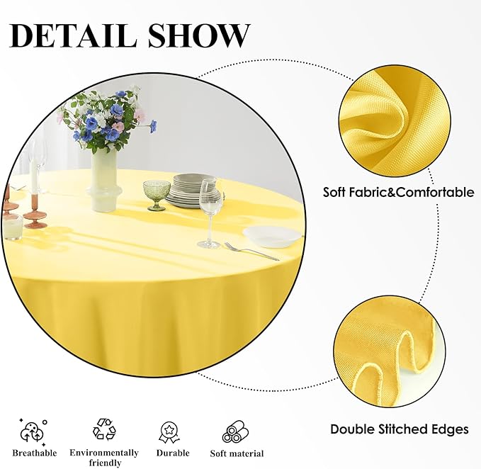 Round Tablecloth 120 Inch 2 Pack Yellow Tablecloths Washable Decorative Linen Polyester Table Clothes Cover for Dining Table Banquets Buffet Parties and Wedding