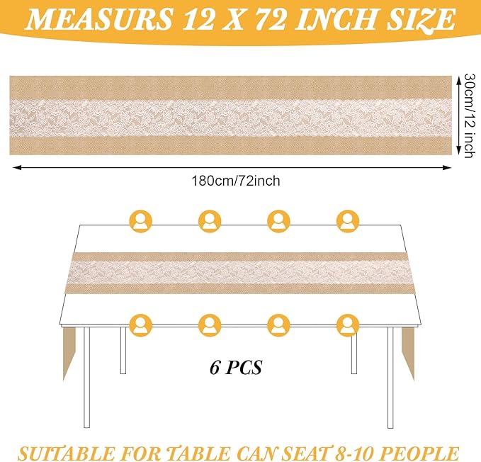 Xinnun 6 Pack Burlap Table Runner with LED String Lights, Modern Rustic Lace Natural Vintage Boho Jute Wedding Table Decor for Farmhouse Thanksgiving Christmas(Modern Neutral,12x70 Inches)