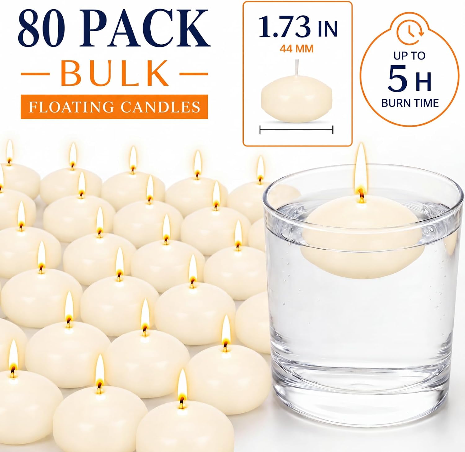 Treela 80 Pcs 1.73 Inch Unscented Floating Candles, Dripless Tealight Candles with 5 Hours Long Burning for Wedding Vases Centerpieces, Party Home Decorations(Ivory)