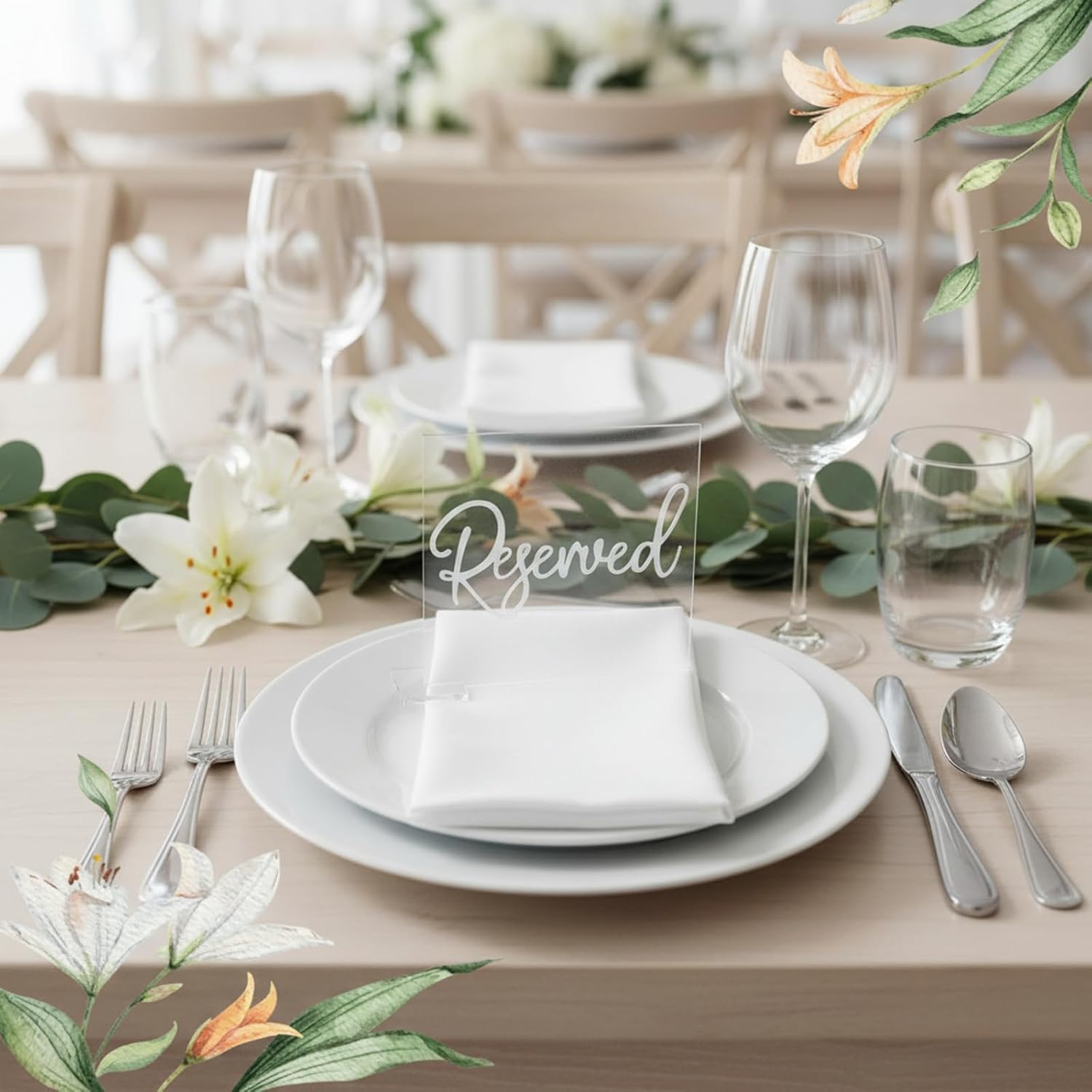 Bucherry 6 Pcs White Reserved Table Signs 3.9 x 3.5" for Wedding Clear Acrylic Reserved Seating Signs Stands with Cursive Letters for Table Wedding Reception Party Meeting Restaurant Ceremony