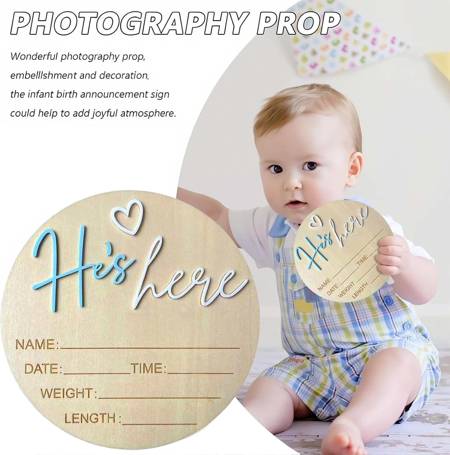 Baby Announcement Sign, 5.9 Inch Wooden Hello World Newborn Signs, Birth Announcement Sign, Gender Reveal Signs, He's here Decoration, Welcome Newborn Arrival To World (He's,Blue-A)