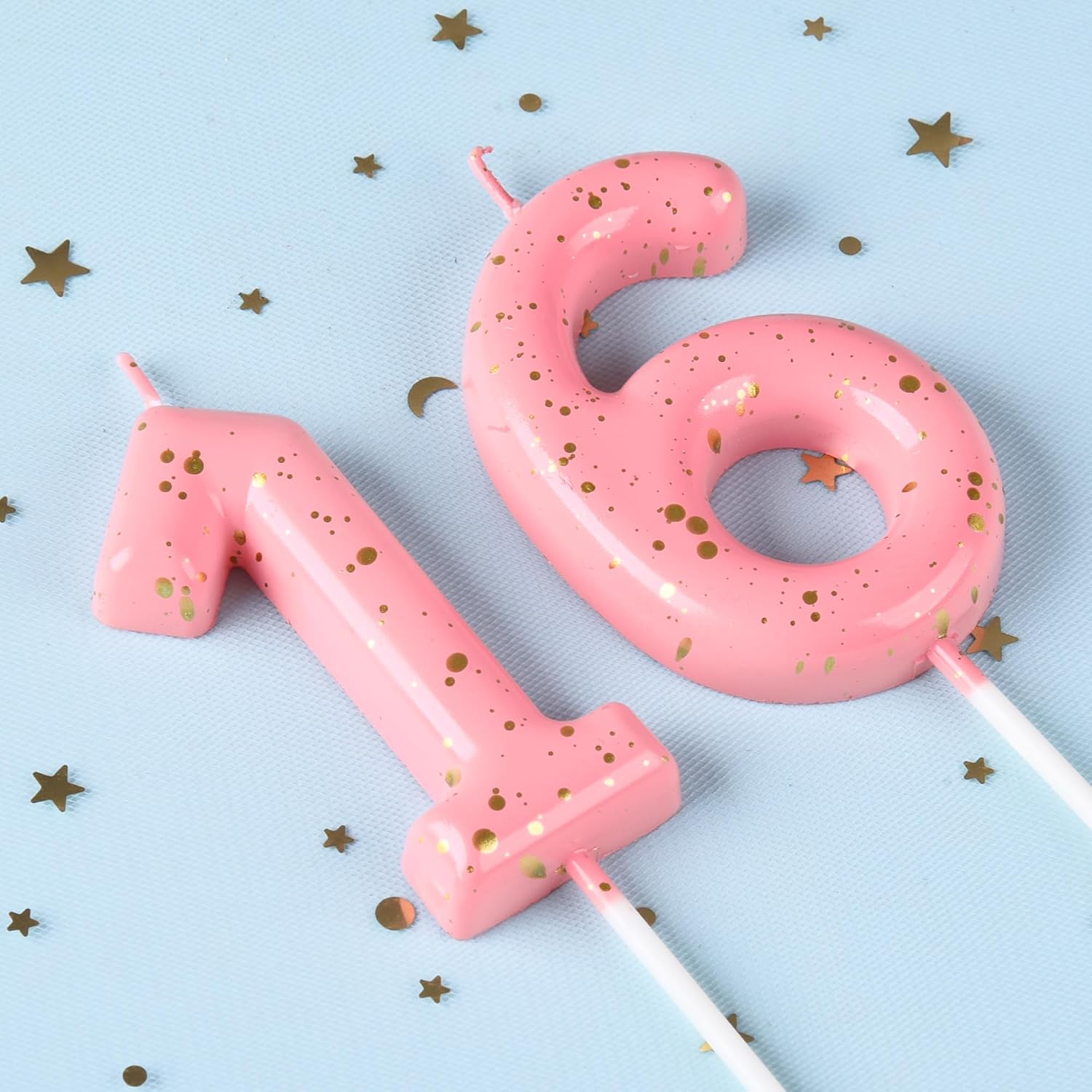 2.76 Inch Classical Pink Gold 16 Number Birthday Candles, Gold Number Candles, Cake Number Candles, Party Celebration