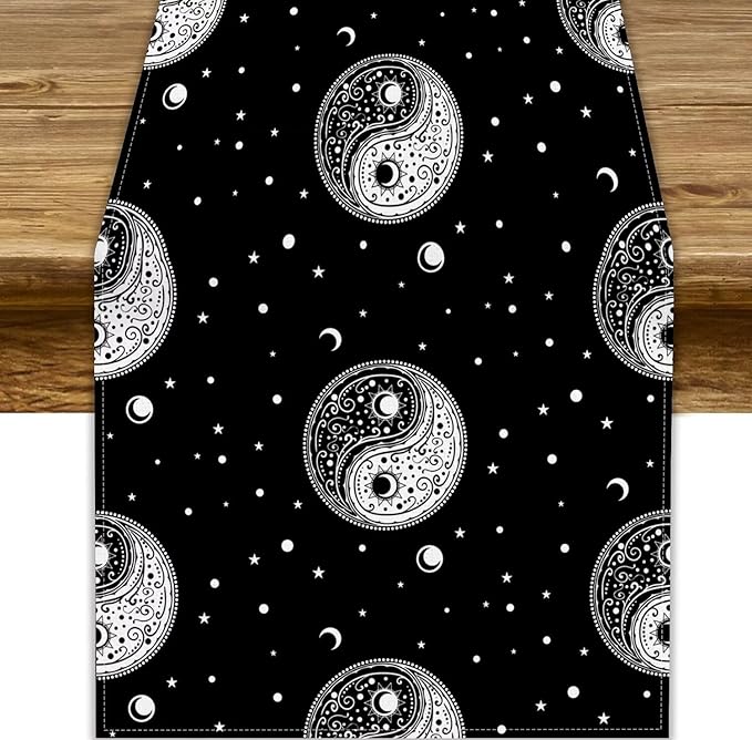 Mystical Celestial Table Runner, Vintage Bohemian Black Yin Yang Symbol Moon Stars Print Table Runner for Office Kitchen Dining Wedding Party Home Coffee Table, 13x60inch