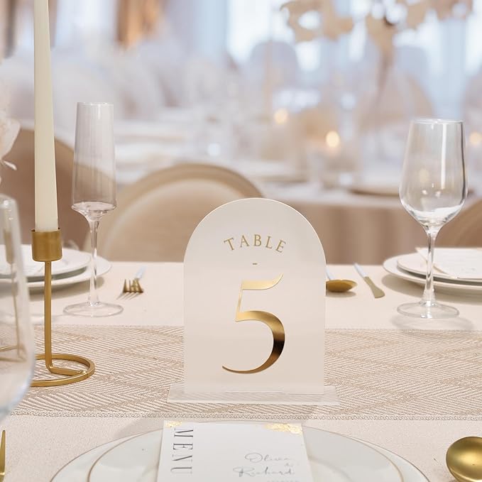 UNIQOOO Frosted Arch Wedding Table Numbers 1-15 w/Stands, Gold Foil Printed 5x7 Acrylic Display Signs &Holders, Pack of 15, Perfect for Centerpiece, Reception, Decoration, Party, Anniversary, Event