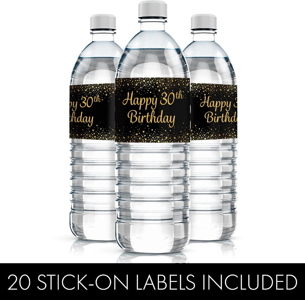 Black and Gold 30th Birthday Water Bottle Labels - 20 Waterproof Stickers for 30th Birthday Party Decorations and Favors