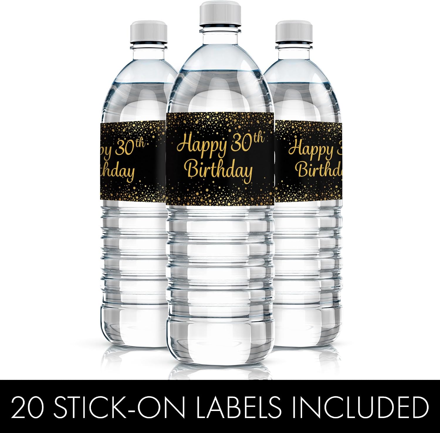 Black and Gold 30th Birthday Water Bottle Labels - 20 Waterproof Stickers for 30th Birthday Party Decorations and Favors