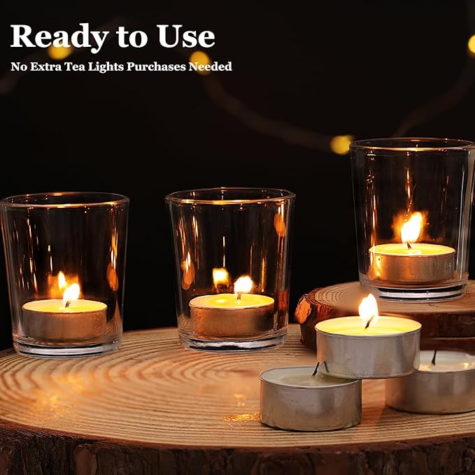 Letine 12-Pack Clear Votive Candle Holders - Glass Tea Light Holders with 12 Tea Lights for Wedding Decor, Bulk Votive Holders for Home Table Decor/Christmas & Thanksgiving