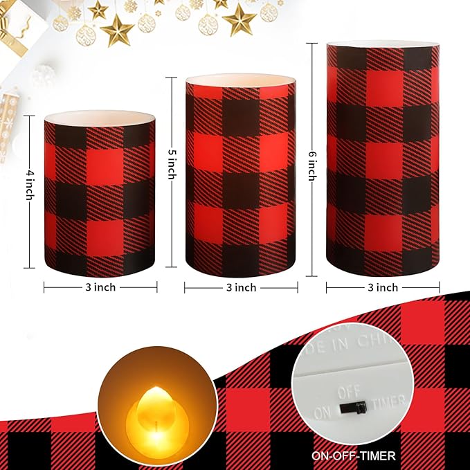 Silverstro Christmas Red Flameless Candles: Farmhouse Theme Flickering Real Wax Buffalo Check Decorative Candles with Remote - Home Party Bathroom Room Christmas Decorations - Set of 3