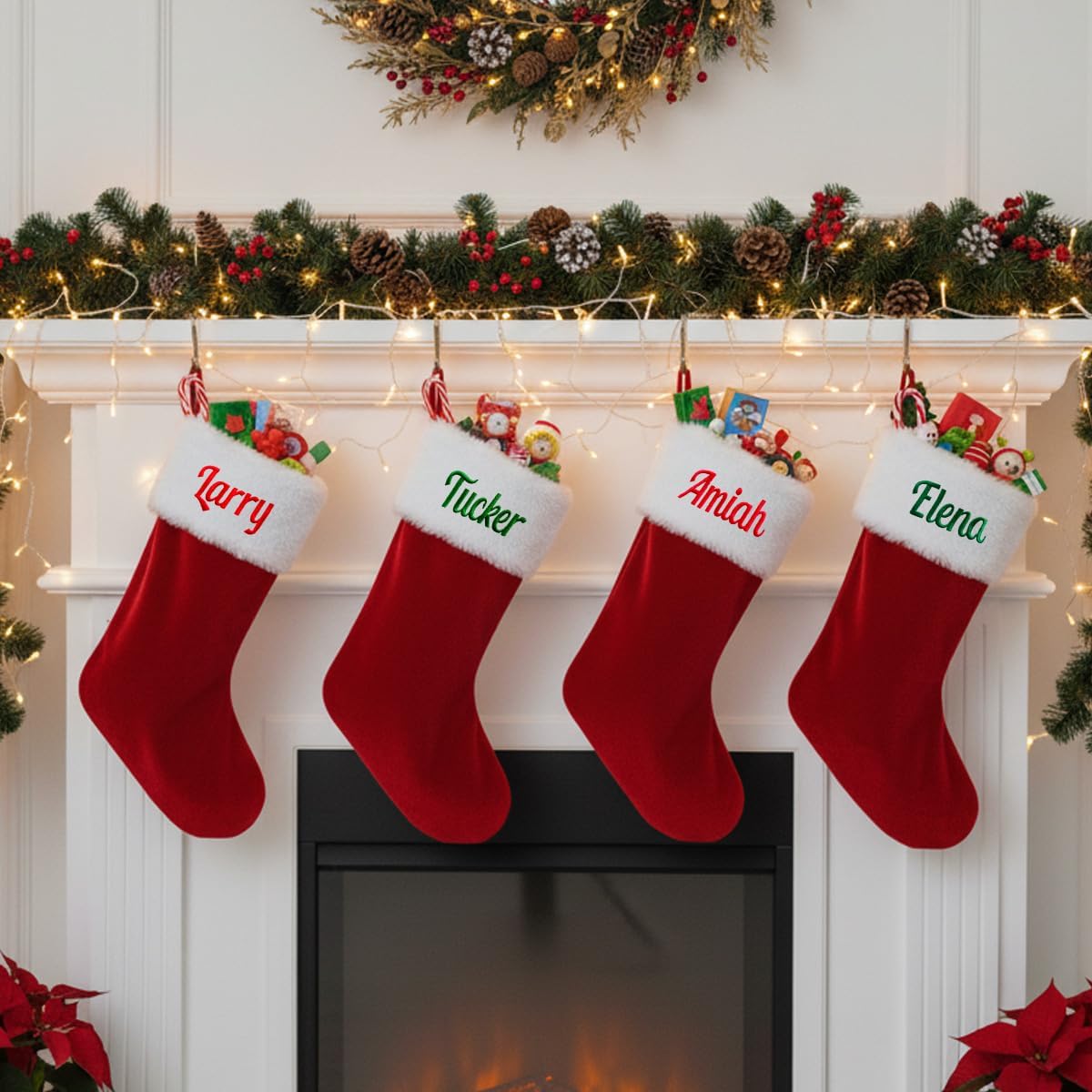 Personalized Christmas Stockings,Custom Embroidered Name Family Stocking | 20 Inch Large Red Velvet with White Soft Plush Cuff Xmas Stocking ,Holiday Stocking for Fireplace Party Decoration(1 Pcs)