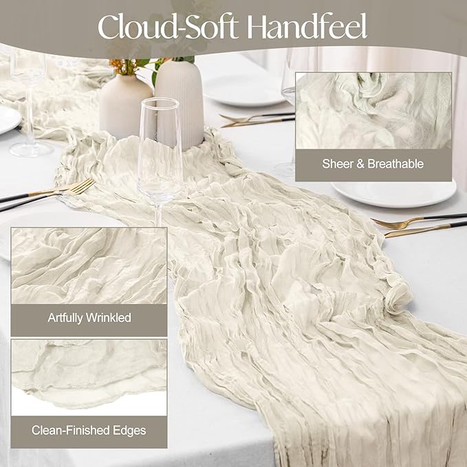 2 Pcs Ivory Cheesecloth Table Runner - 120 inch 10FT Boho Rustic Gauze Cheese Cloth Table Runner Decor for Spring Summer Party Wedding Birthday Baby Bridal Shower Home