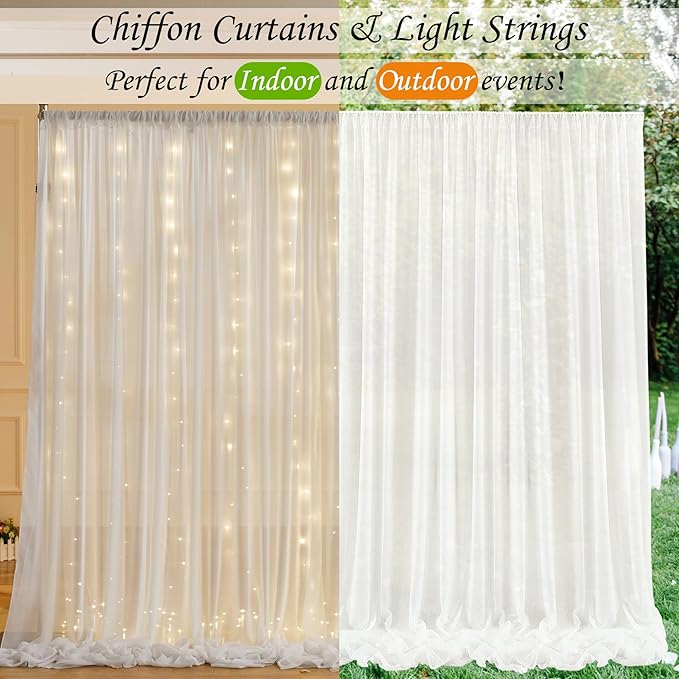 10ft x 7ft Cream White Chiffon Backdrop Curtain with Lights String for Parites Wedding Wrinkle Free Curtain Photo Backdrops Drapes for Baby Shower Birthday Party Home Decorations