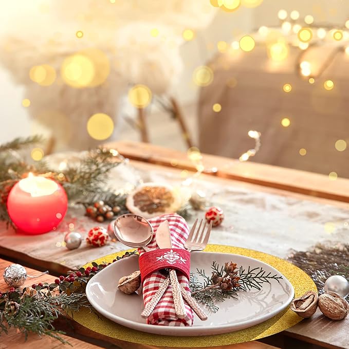 50 Pieces Gold Glitter Paper Place Mats Sparkle 14'' Round Disposable Table Mats Golden Sequin Doilies Decorative Placemats for Wedding Banquet Party Home Dining Tableware