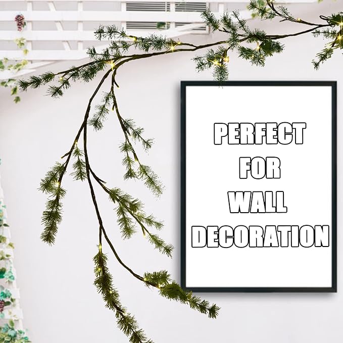 Fudios Lighted Christmas Pine Garland 6FT 48 Warm White LED Battery Operated with Timer for Mantle Fireplace Holiday Winter Decoration Indoor Outdoor Use