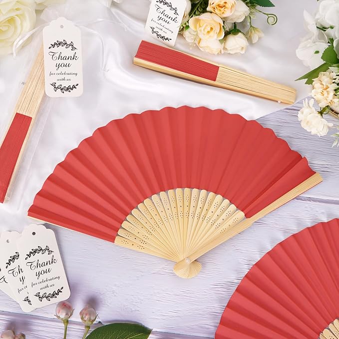 50Set Wedding Hand Fans Party Favors Red Paper Folding Handheld Fans Bulk, DIY Bamboo Fans with Thank Tag Organza Bag for Guests Bridal Dancing Props Church Decoation
