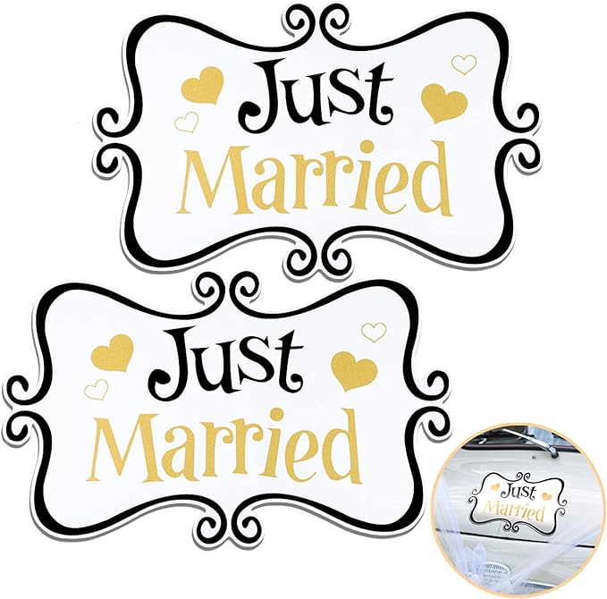 2 Pcs Large Just Married Car Decorations Just Married Car Magnets Sign Decoration 13.9 x 8.8 Inch Honeymoon Rear Tailgate Magnet Stickers for Wedding Door Panel Refrigerator(Black and Gold)