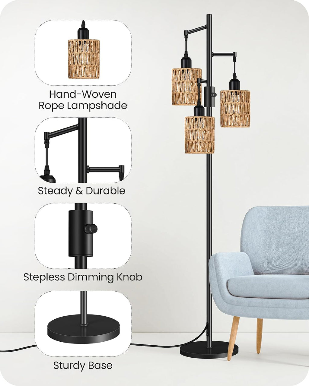 dimmable floor lamp, farmhouse tall standing 70.3" tree, front angle view