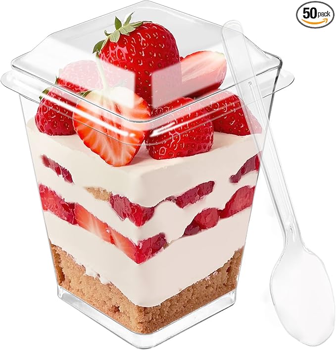 50 Pack 5 oz Plastic Dessert Cups with Lids and Spoons - Clear Yogurt Parfait Cups with Lids - Mini Dessert Shooter Cup with Spoons for Fruit Pudding Mousse Ice Cream Appetizer