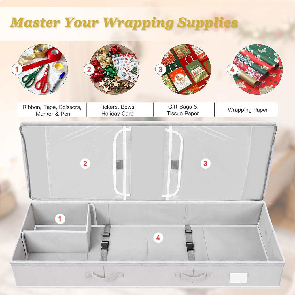 Criusia Gift Wrapping Paper Organizer Storage, Durable Underbed Storage Container Fits 24 Rolls, with Removable Dividers and Pockets for Ribbon, Ornaments, Holiday Accessories, Grey