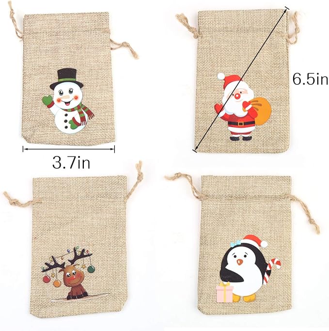CCINEE 96pcs Christmas Burlap Gift Bags with Drawstrings Candy Goody Treat Bags with Double Jute Drawstrings 4X6 Inch