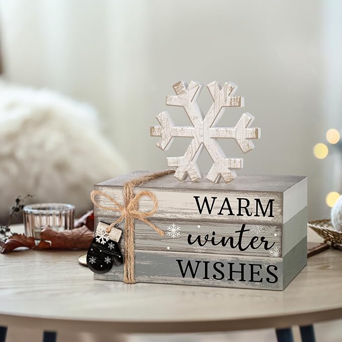 4 Pcs Winter Christmas Decor Winter Table Decorations Christmas Tiered Tray Decor Centerpiece Decorations Indoor Rustic Wooden Snowflake Block Sign Gift Farmhouse for Home Kitchen Shelf