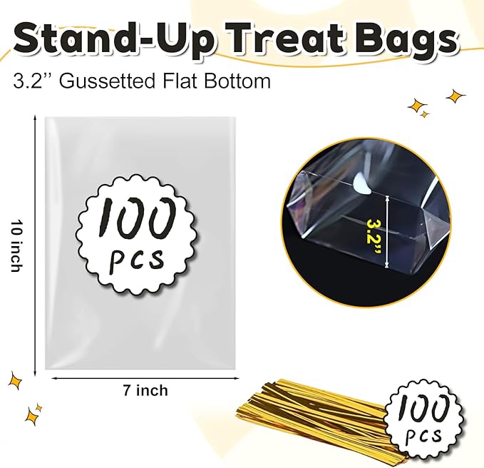 PigPotParty Cellophane Treat Bags 7"x10", 100 Pack Clear Goodie Bags, 3.2" Bottom Gusset for Stand-Up Display, Small Plastic Gift Wrap for Cookies, Candy, Party Favors, Popcorn, Includes 100 Ties