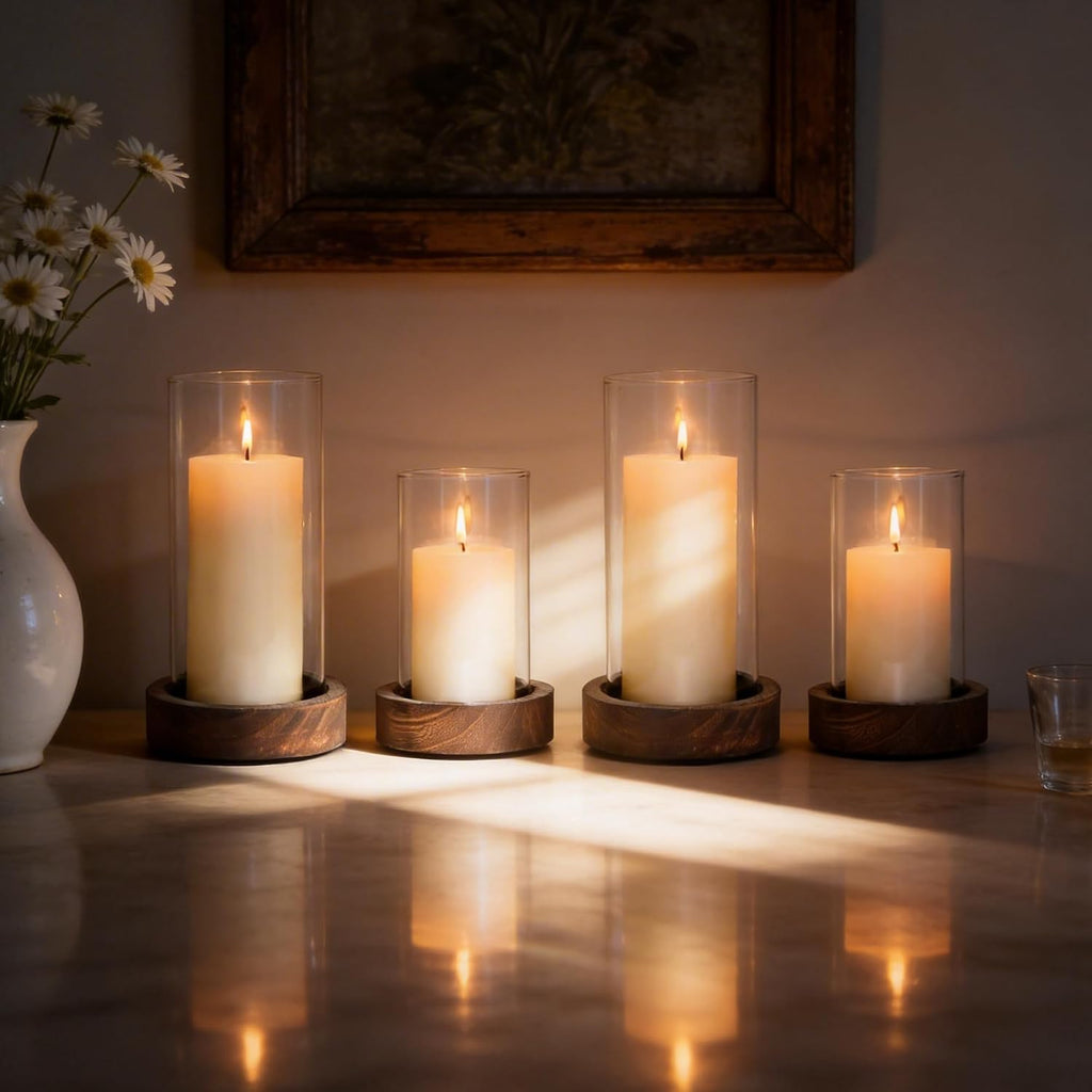Ronasip Set of 4 Hurricane Candle Holders with Wood Base & Glass Cylinder (4.2x5.9” & 4.6x7.8”) – Rustic Wooden Candle Holders for Home Decor, Weddings, Table Centerpieces