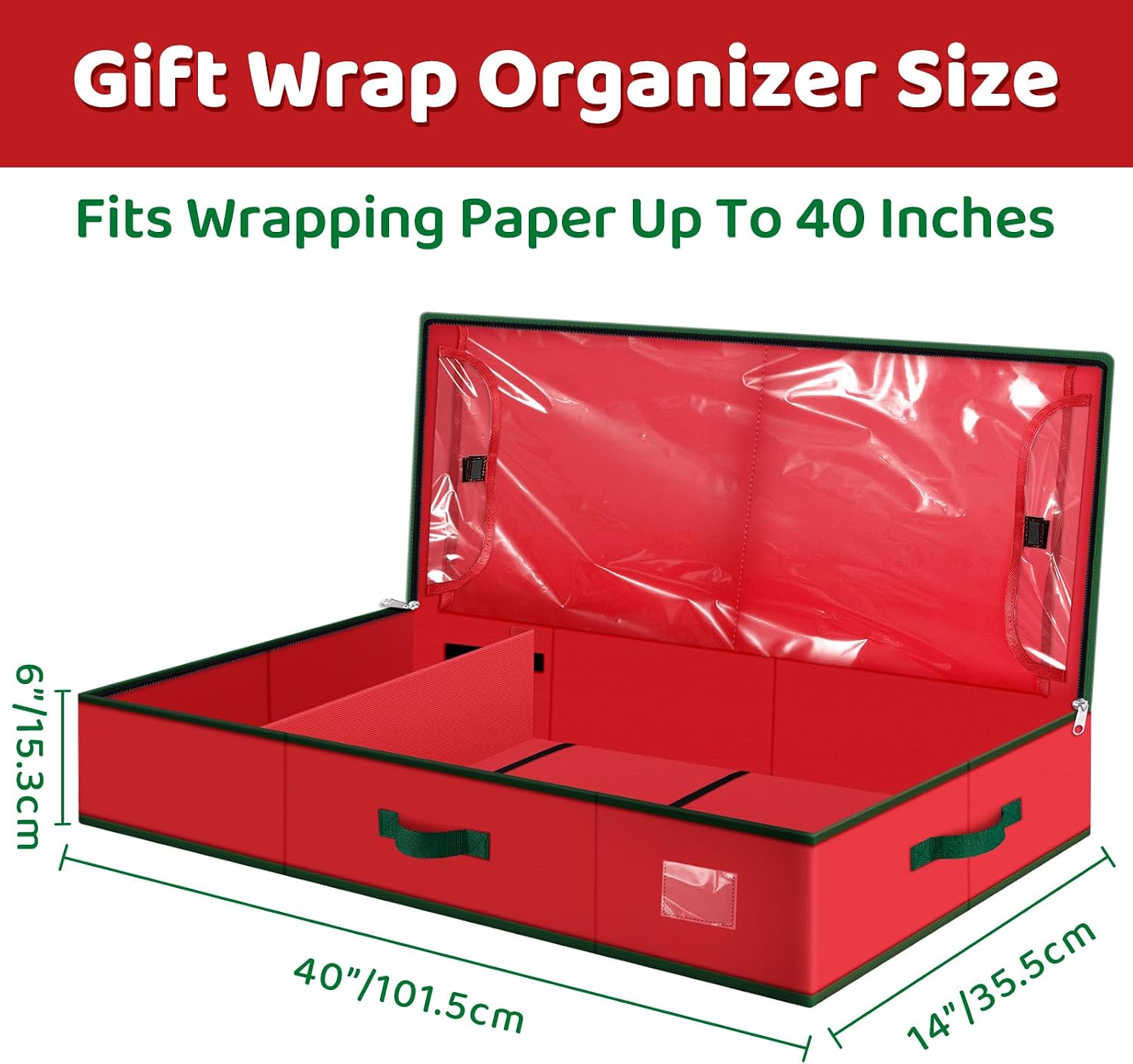 Fabspace Christmas Wrapping Paper Storage Containers, 40 Inch Gift Wrap Organizer, Visible Supplies Pockets for Xmas Accessories, Underbed Storage for Christmas Decorations, Red