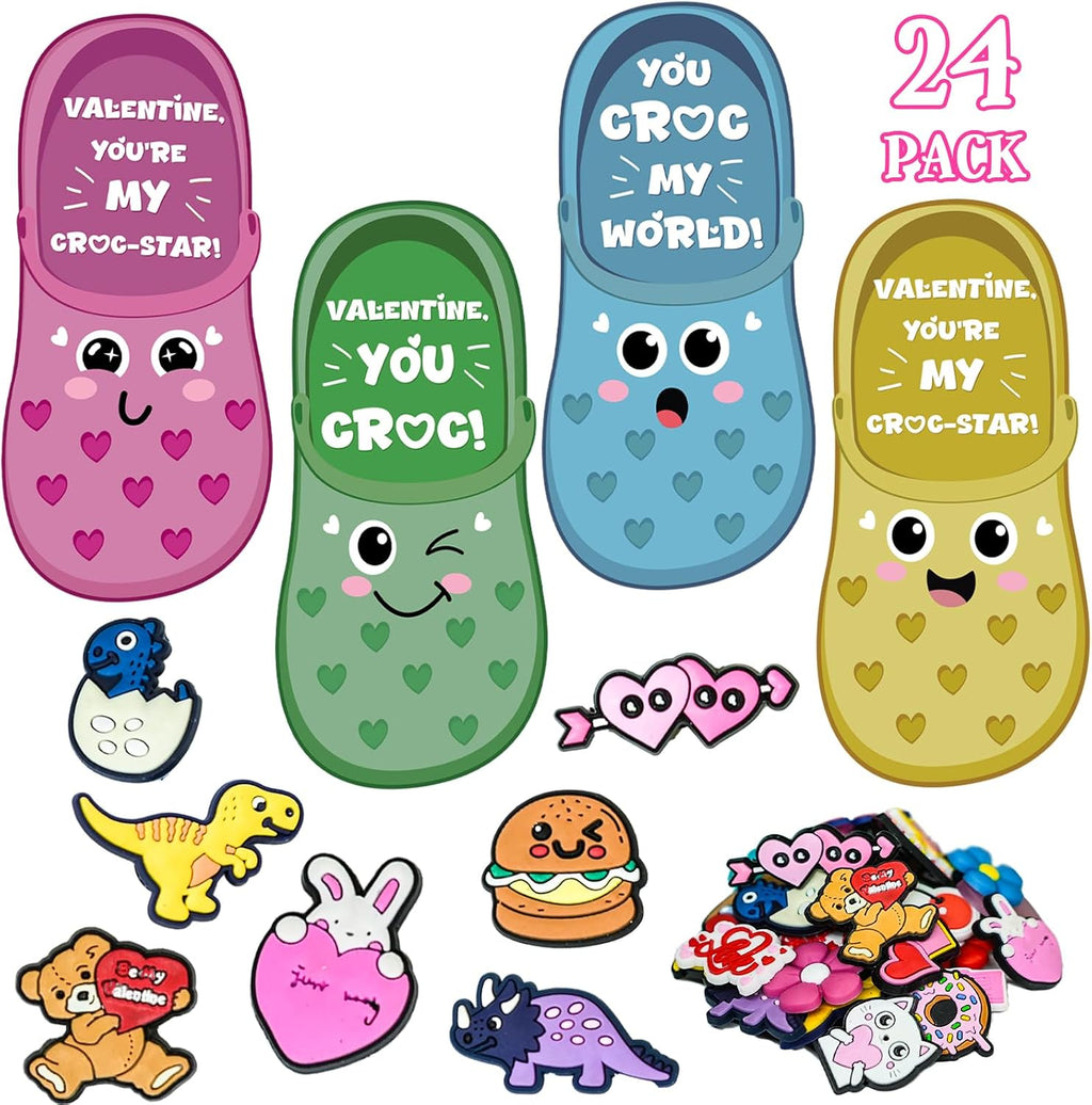 Thigreact Valentines Day Gifts for Kids - 24 Valentine Cards with 48 Shoe Charms Bulk - Valentine Exchange Card for Boys Girls Toddler Class Classroom Gift Funny Party Favors