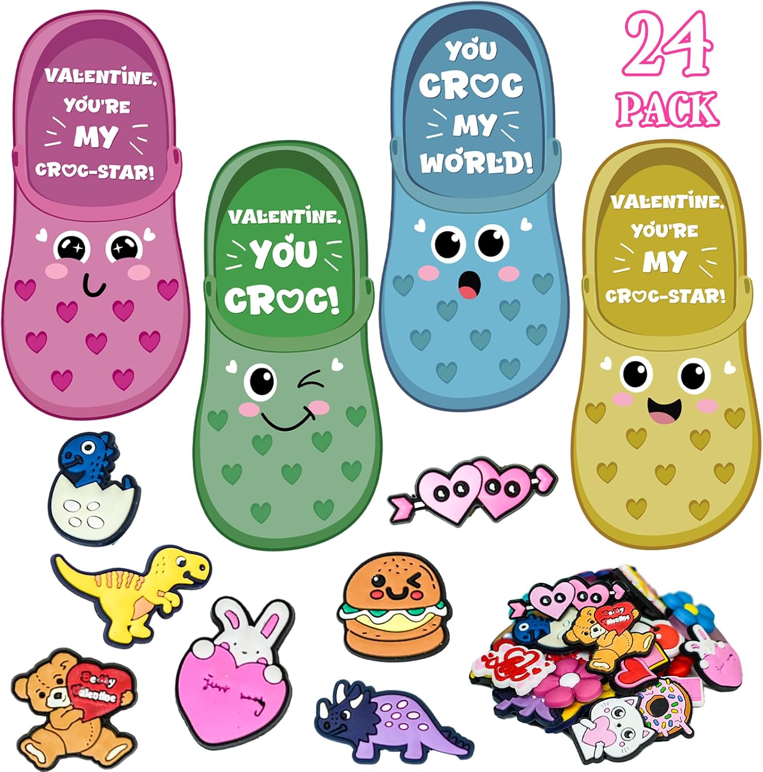 Thigreact Valentines Day Gifts for Kids - 24 Valentine Cards with 48 Shoe Charms Bulk - Valentine Exchange Card for Boys Girls Toddler Class Classroom Gift Funny Party Favors
