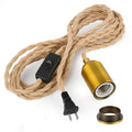 Plug in Pendant Light Cord 15FT Hemp Rope, Hanging Lamp Kit | Twisted rope cord, ceramic E26 socket, gold aluminum shell, inline switch, rustic hanging lantern style