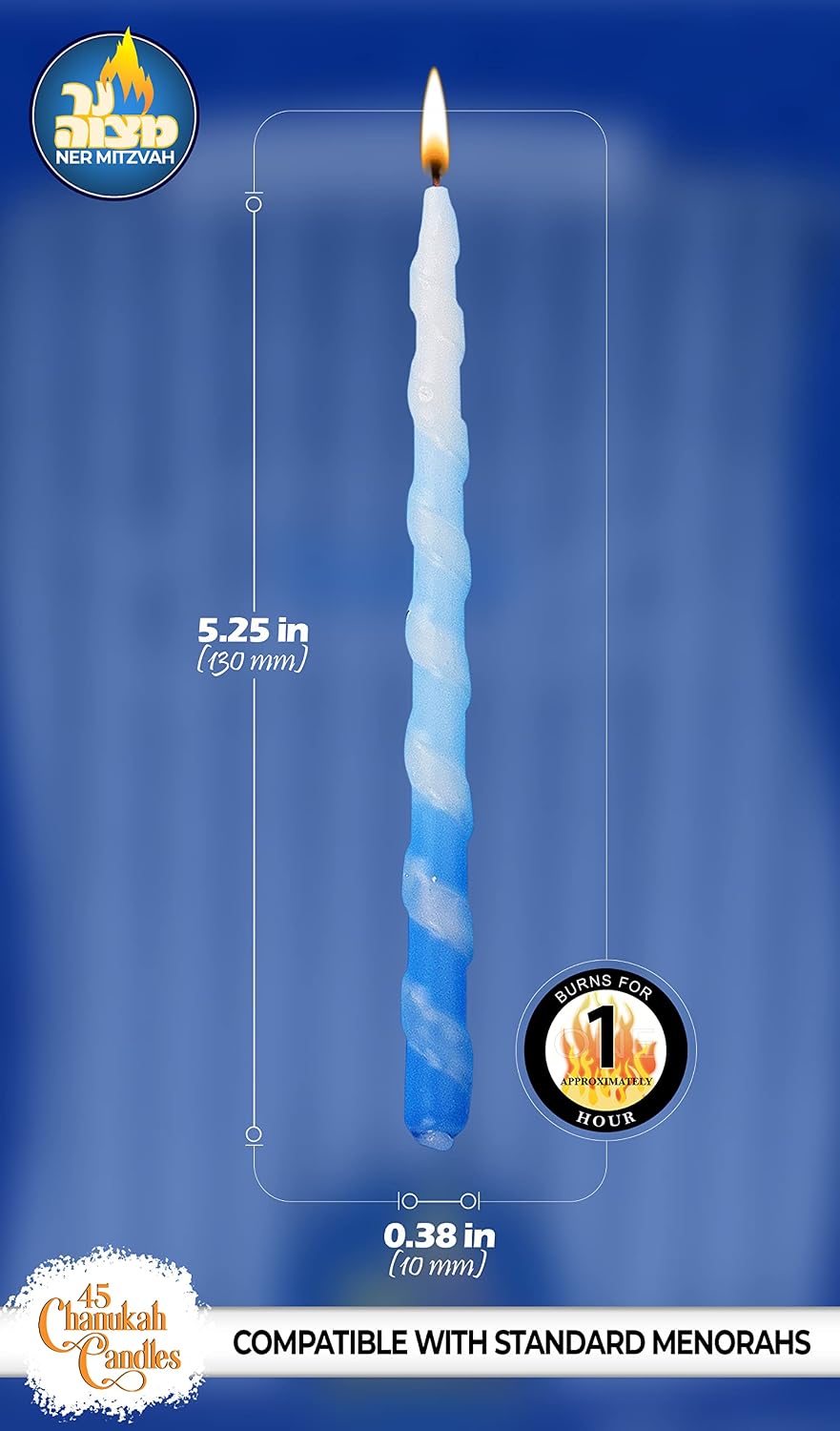 Ner Mitzvah Hanukkah Candles, Blue and White Spiral Dripless Chanukah Candle, Premium Quality Wax, 45 Candles for All 8 Nights