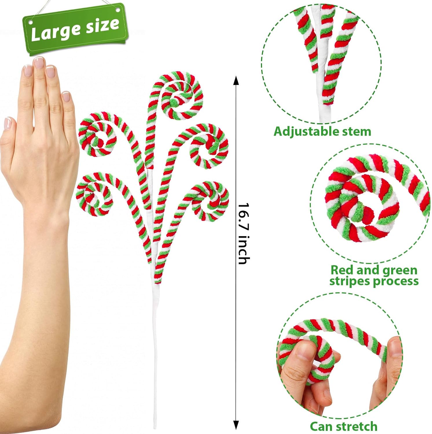RINOLY 6 Pcs Christmas Tree Topper,17 in Red and Green Candy Cane Christmas Tree Picks,Curly Woolen Christmas Tree Decorations Candy Cane Ornaments for Holiday Decors Vase Filler