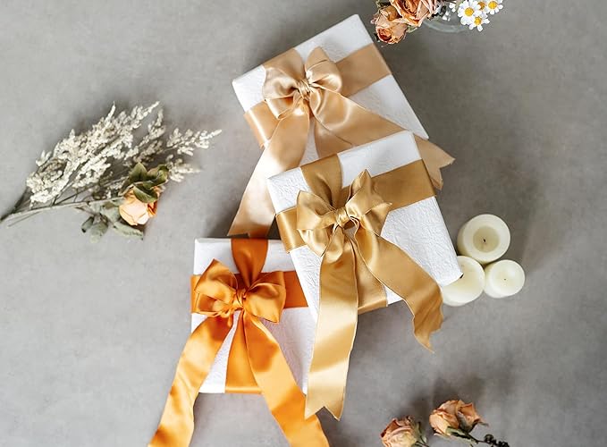Champagne Gold Satin Ribbon Double-Faced Wired Ribbons for Gift Wrapping Flower Bouquet Bows Wedding Invitation Christmas Decor Crafts 1-1/2 Inch 10 Yards