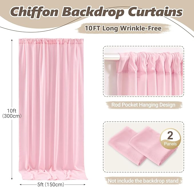 10ft x 10ft Peach Pink Backdrop Curtains, Wrinkle-Free Sheer Chiffon Fabric Photo Backdrop Drapes for Wedding Arch Party Ceremony Stage Photography Decorations