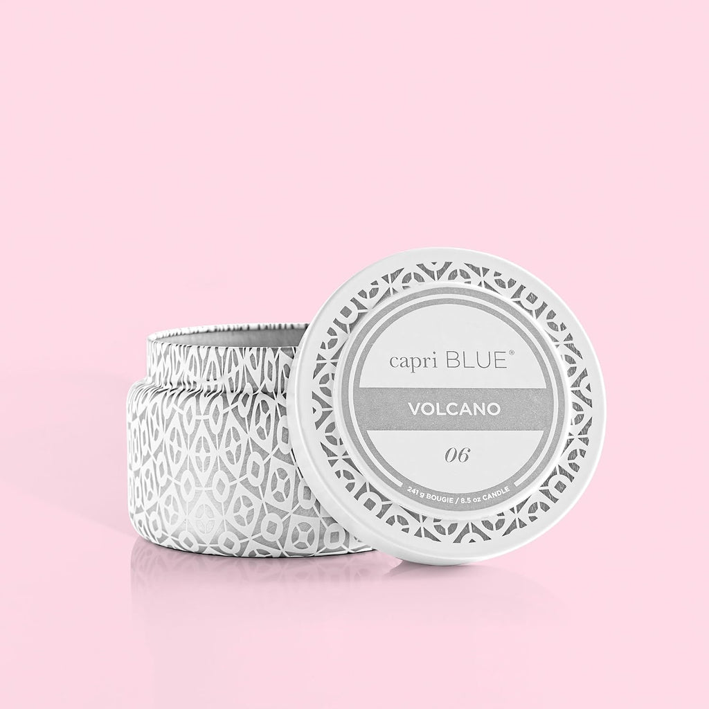 Capri Blue Volcano Printed Travel Tin Jar Candle - Luxury Candle with a Long Lasting Soy Wax Blend - Scented with Tropical & Fruity Fragrance (White Color, 8.5 oz)