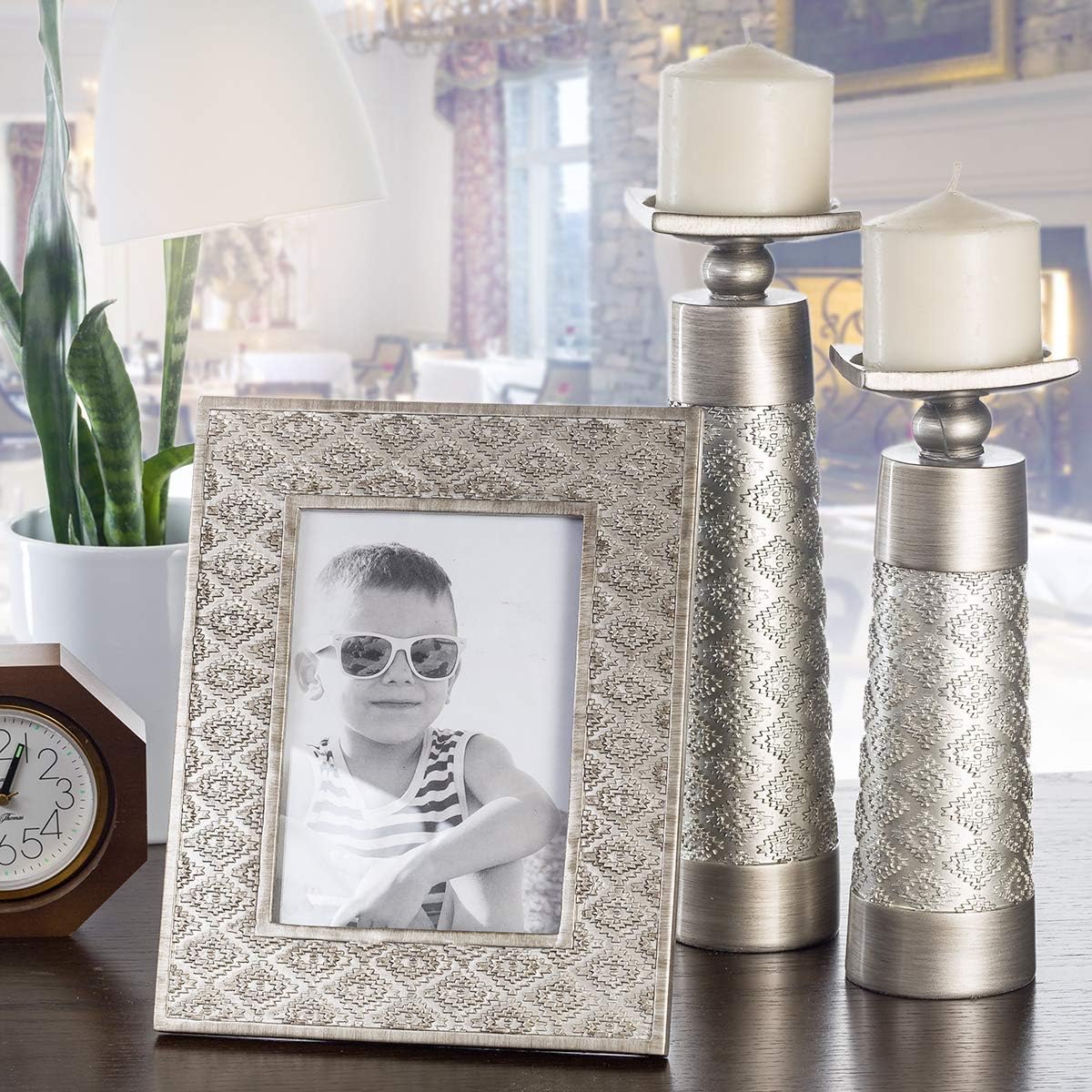 Creative Scents Dublin Silver Decorative Candle Holder Set of 2 - Home Decor Pillar Candle Stand, Coffee Table Mantle Decor centerpieces for Fireplace, Living or Dining Room Table, Gift Boxed