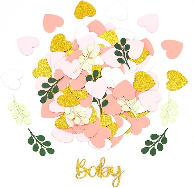 200PC Greenery Baby Shower Confetti Pink and Sage Green Baby Shower Decorations for Girl Eucalyptus Hearts Table Scatters for Its a Girl Party Decor Supplies