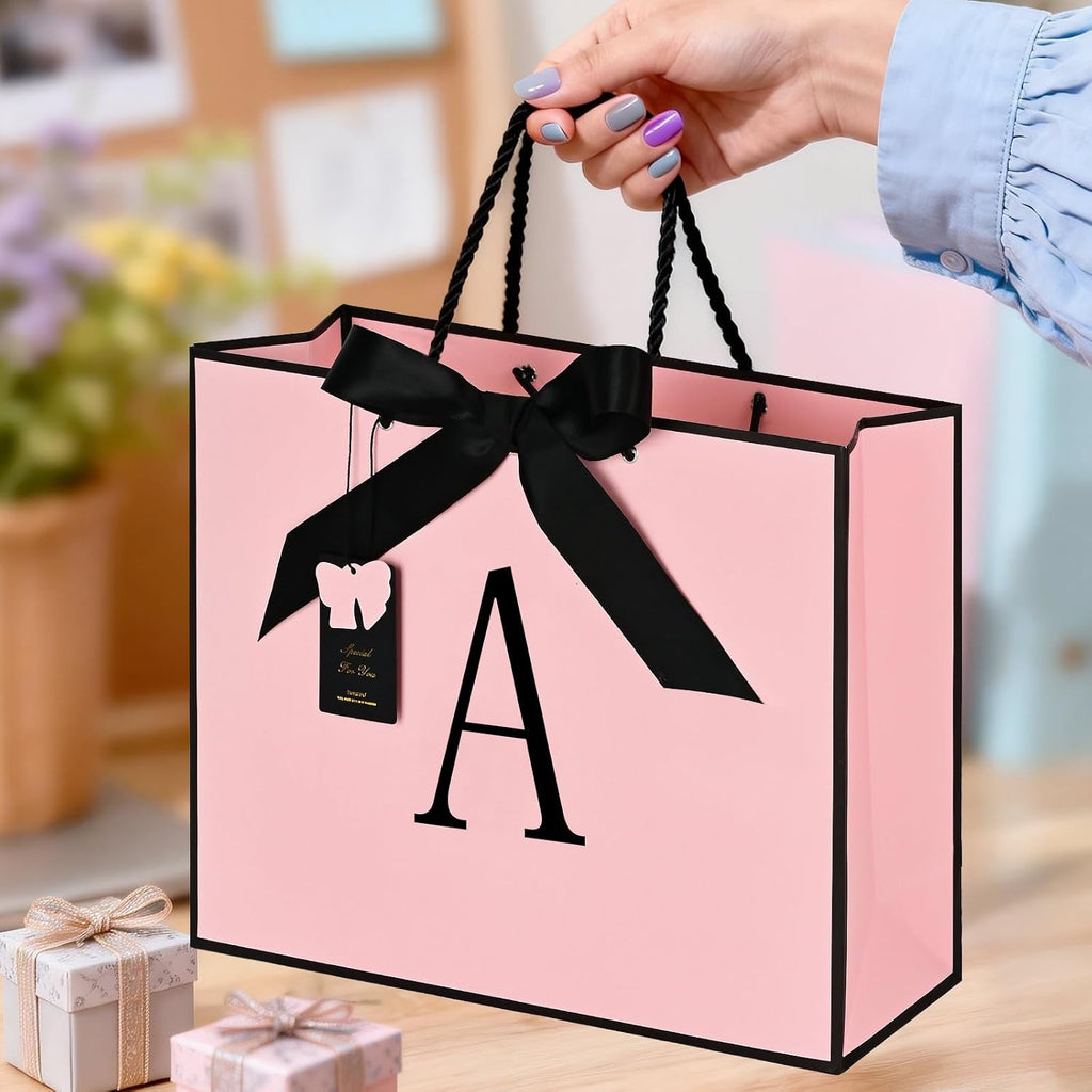 ZUKEPU Birthday Gift Bag, Personalized Initial Pink Gift Bags for Women & Girls, Medium Valentines Gift Paper Bags with Card and Tissue Paper, Stands up perfectly for Weddings, Party & All Holidays (Pink, A-Medium)