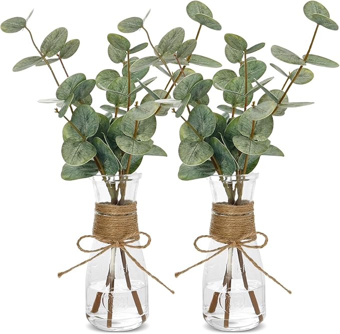 2 Pack Artificial Eucalyptus Stems in Glass Vase Decorative Greenery Artificial Plant with Double Sided Green Eucalyptus Leaves for Home Office Decor (Green-2Pcs)