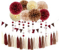 Brown Burgundy Champagne-Gold Party-Decorations - 30pcs Rustic Boho Wedding Tissue Pom-Poms Streamers ,Fall Autumn Tassel Garland Banner,Birthday Baby Bridal Shower Engagement Decor Lasting Surprise