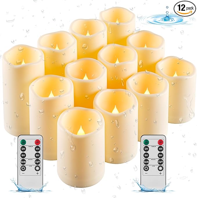 Da by Candles Battery Operated Candles LED Outdoor Waterproof Candles Plastic Fake Candles with Remote Timers Set of 12(Ivory)