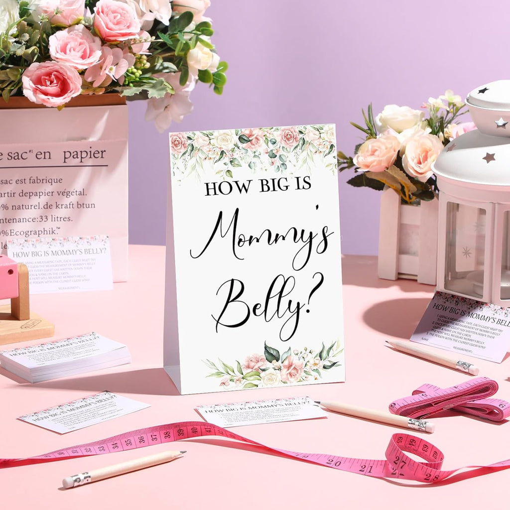 Sabary 64 Pcs Baby Shower Games Include How Big is Mommy's Belly Sign Measure Bump Game 50 Cards 10 Pencils 3 Measuring Tapes for Baby Shower Gender Reveal Party Supplies(Flower)