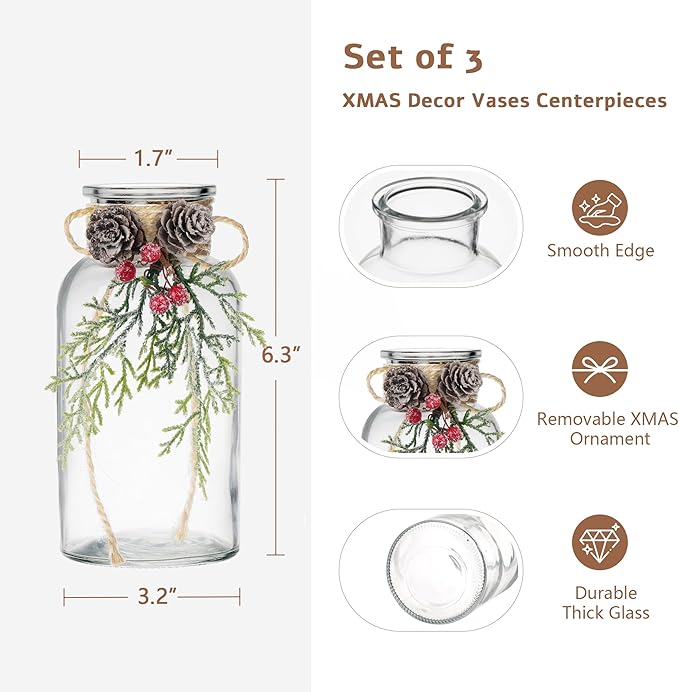 Set of 3 Xmas Decor Vases Christmas Centerpieces for Tables Farmhouse Holiday Table Decor Clear Glass Vases with Twine Ties for Christmas Decorations