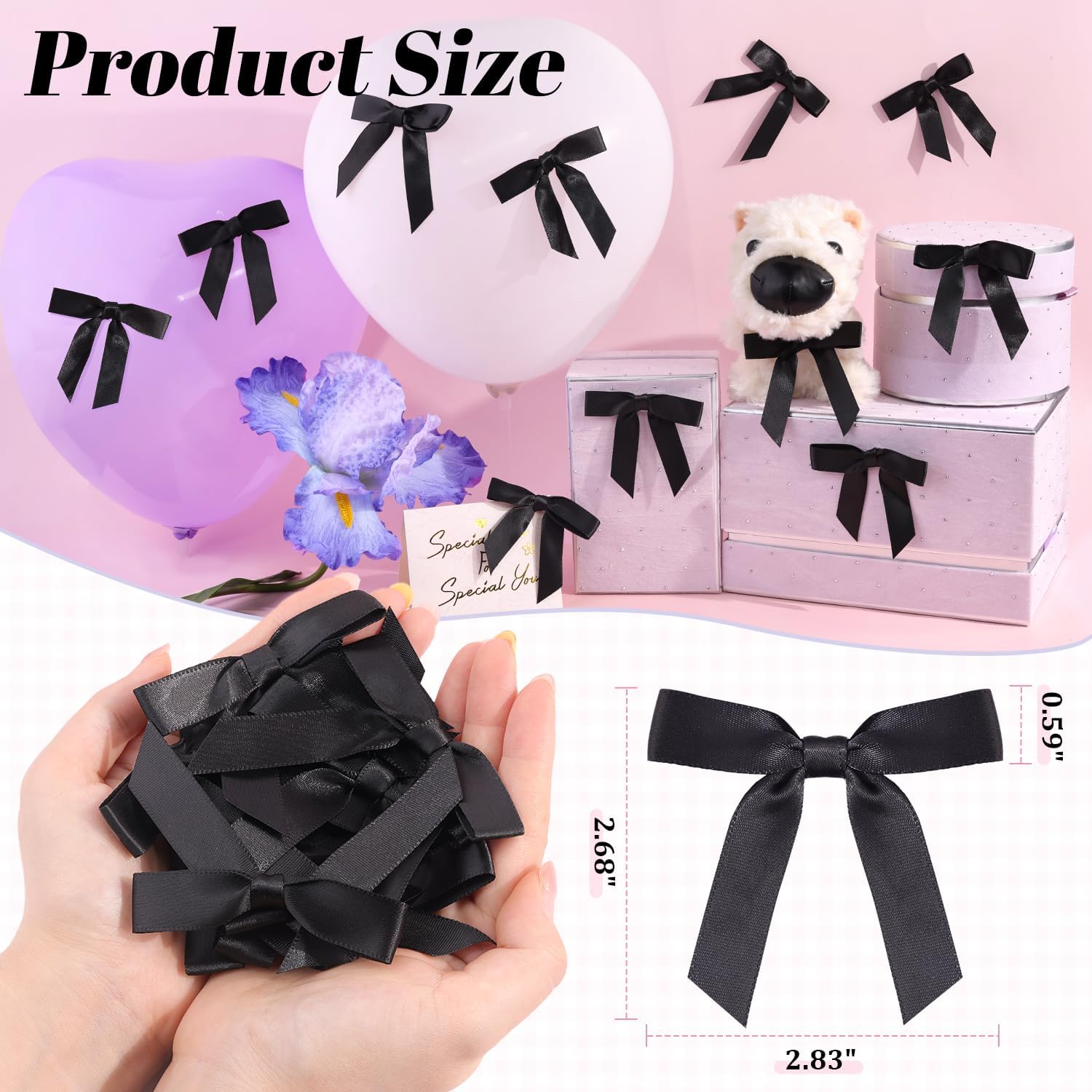 55PCS Tinkrstuff Black Bows for Crafts, 2.68" Satin Ribbon Bow for Clothes Ornament, Fabric Bows for Party Decor, Cute Christmas Tree Bows &Thanksgiving Gifts Wrapping Treats Balloons (with Twist Tie)