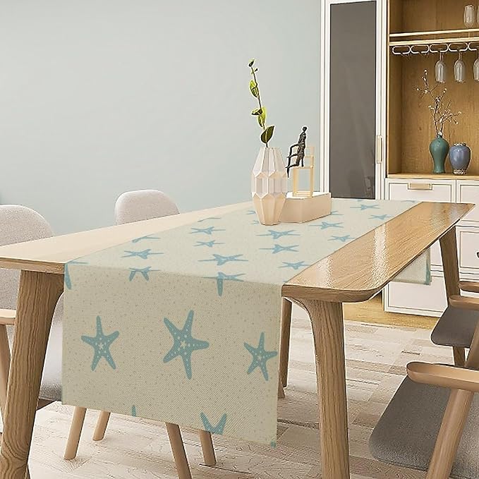 Sea Turtle Table Runner Marine Life Starfish Nautical Blue Green Ocean Theme Kitchen Table Decorations for Indoor Outdoor Home Party Decorations 13 * 120 Inch
