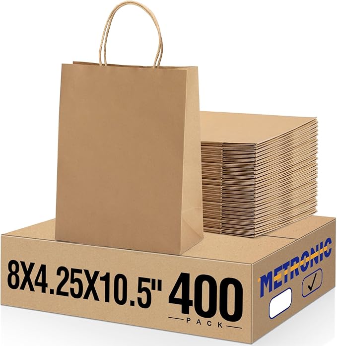 METRONIC Paper Gift Bags 8x4.25x10.5 400Pcs Brown Paper Bags with Handles Bulk, Kraft Paper Bag for Small Business, Birthday Wedding Party Favor Bag, Christmas Gift bags, Retail shopping