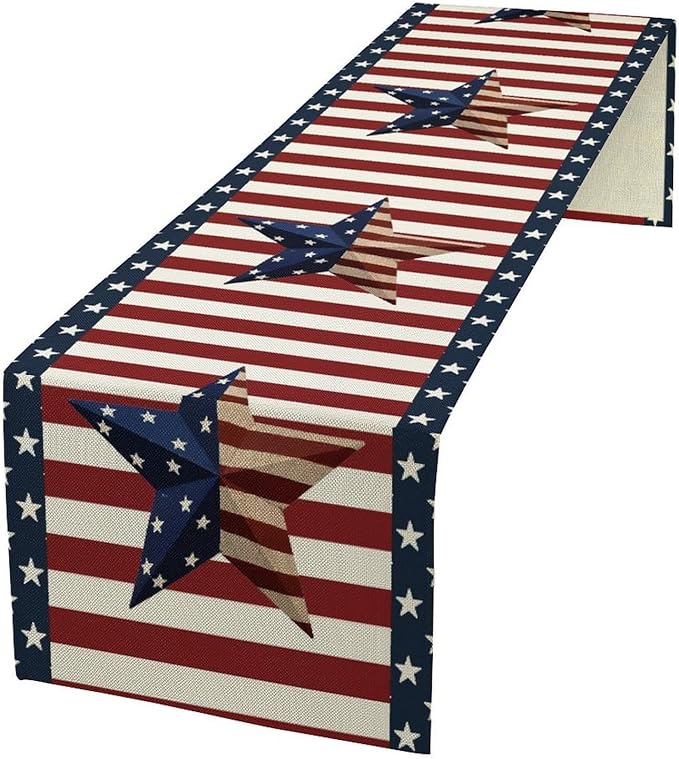 4th of July Table Runner, Patriotic Independence Day American Stars Stripes Flag Print Table Runner for Farmhouse Kitchen Dining Holiday Birthday Party, 13x36inch
